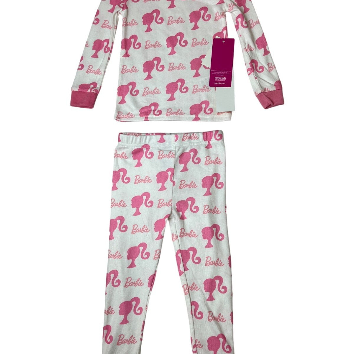 Barbie Girls Long Sleeve Pajama Set With Pink Logo & Silhouette White Sz 2T- NEW