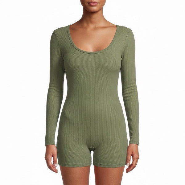 Fashion Nova Womens Olive Ribbed Long Sleeve Snatched Romper Rayon/Spandex Sz XL