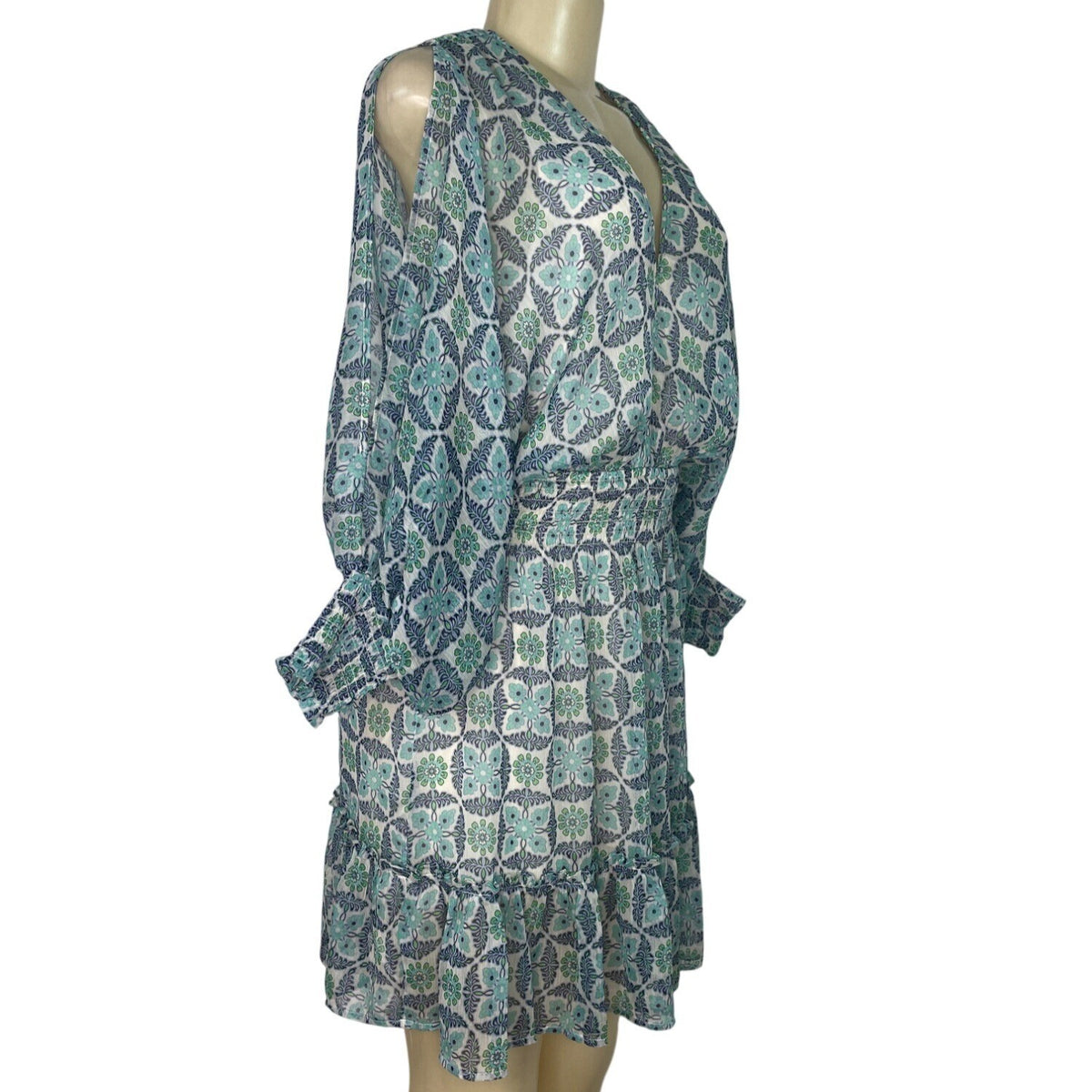Lovestitch Women’s Blue & Green Floral Print V-Neck Long Sleeve Mini Dress Sz S