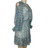 Lovestitch Women’s Blue & Green Floral Print V-Neck Long Sleeve Mini Dress Sz S