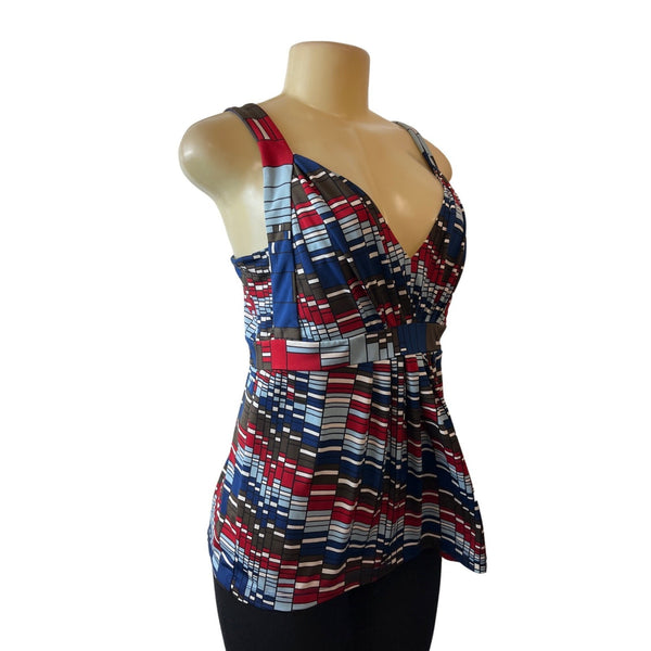 BCBG Maxazria Womens Red White Blue Geo Print Sleeveless Stretch Tank Top Sz L
