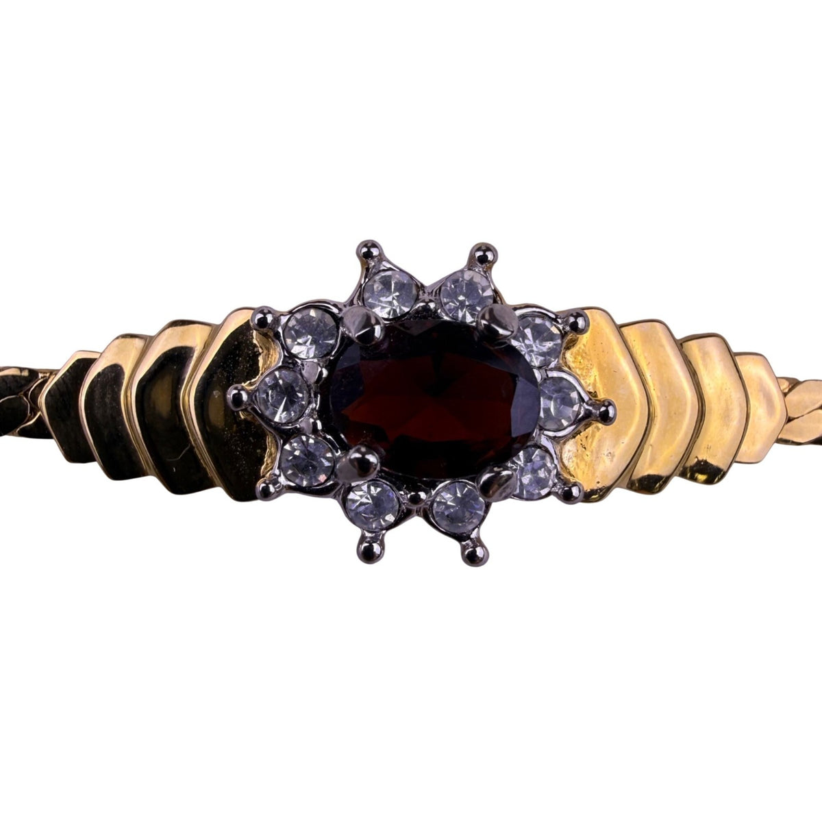 Vintage Womens Gold Tone Bracelet With Red Crystal & Clear Rhinestones 
