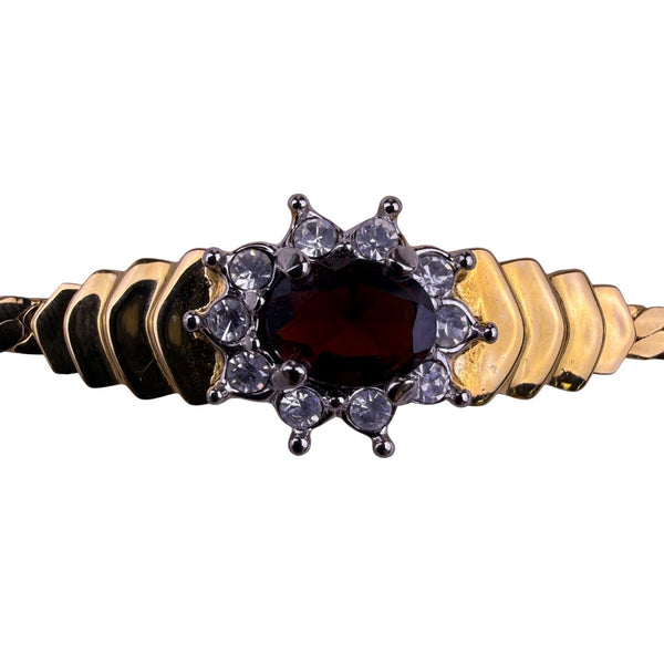 Vintage Womens Gold Tone Bracelet With Red Crystal & Clear Rhinestones 