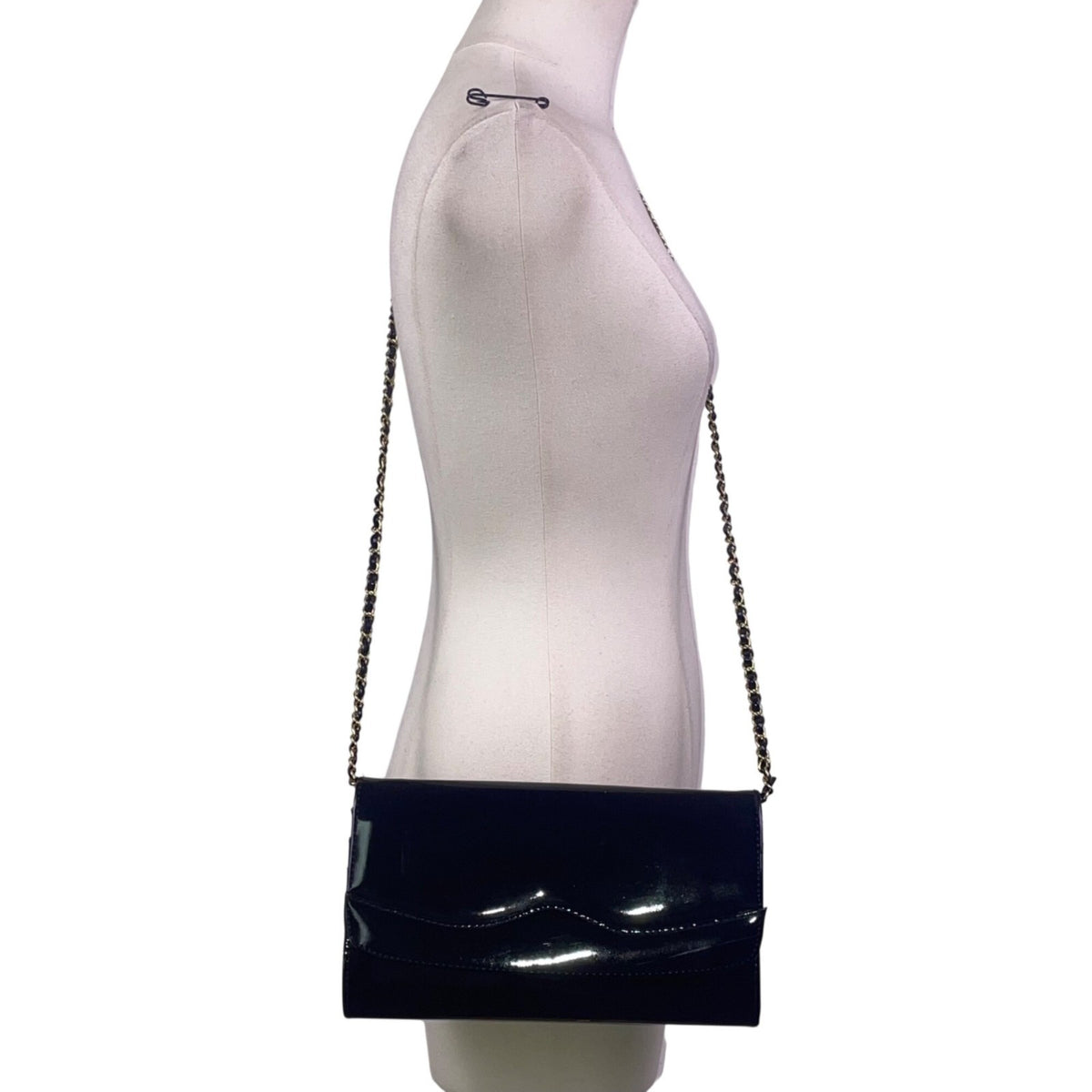 Empire-ORR Women’s Black Patent Leather Gold Chain Strap Clutch Bag