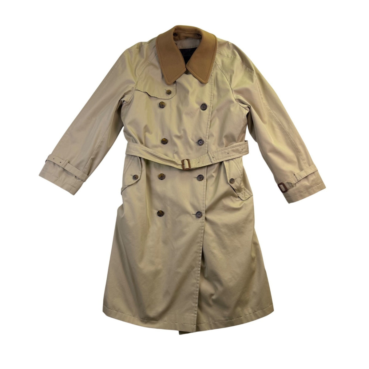 Sanyo Mens Khaki Double Breasted Trench Coat With Belt Wool Collar 42R