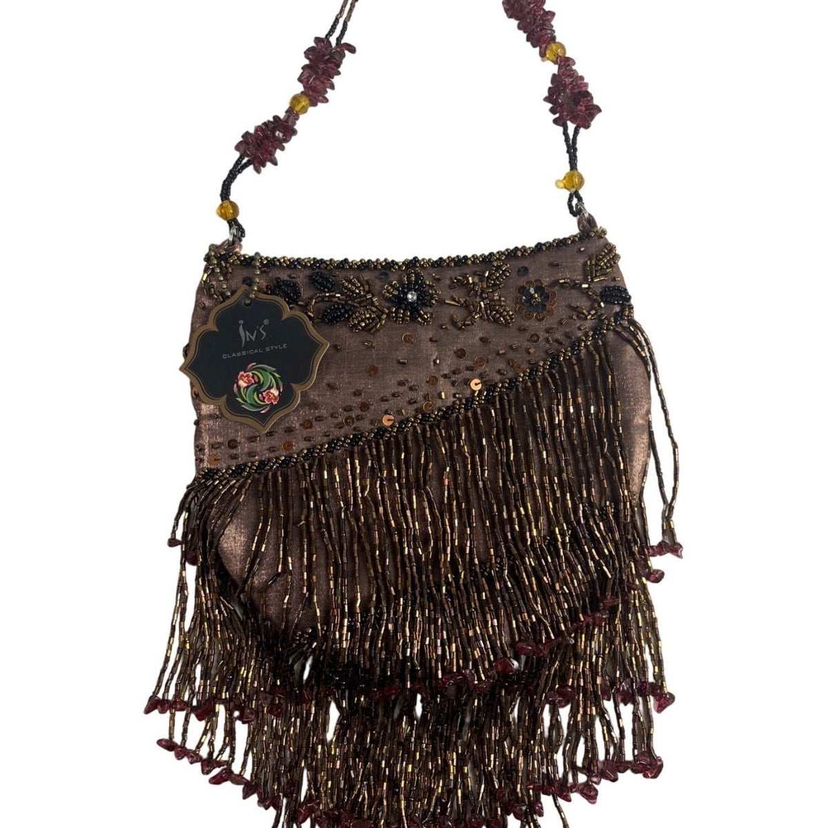 Vtg 80s In’s Classical Style Women's Brown Floral Beads Shoulder Bag Sz S
