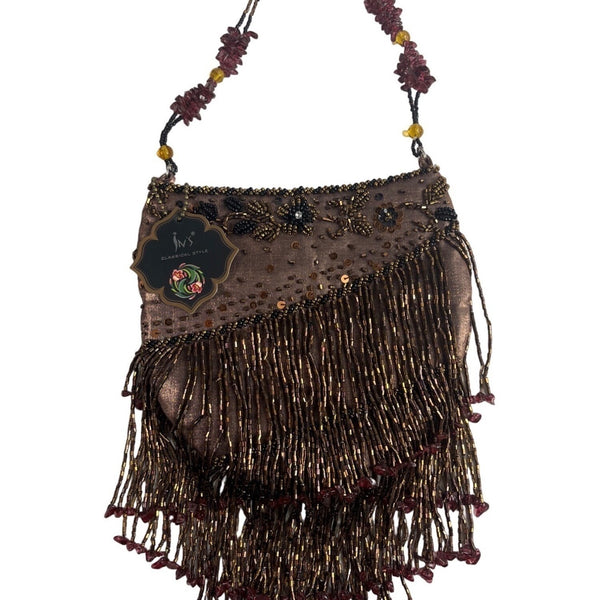Vtg 80s In’s Classical Style Women's Brown Floral Beads Shoulder Bag Sz S