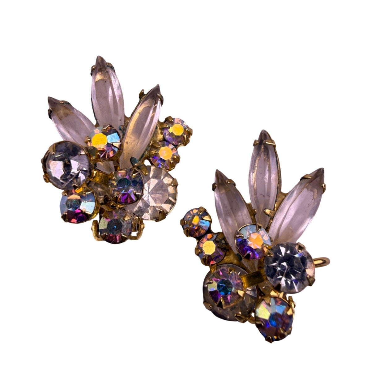 Vintage Gold Tone Rhinestone Clip-On Earrings & Floral Brooch Set