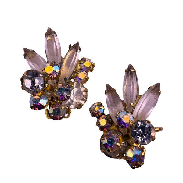 Vintage Gold Tone Rhinestone Clip-On Earrings & Floral Brooch Set