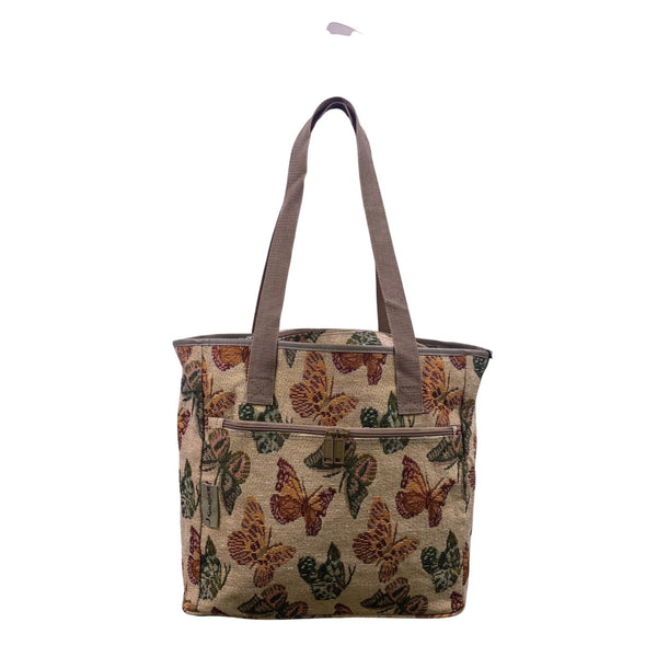J Garden Unisex Beige Fabric Butterfly Pattern Zipper Closure Tote Bag