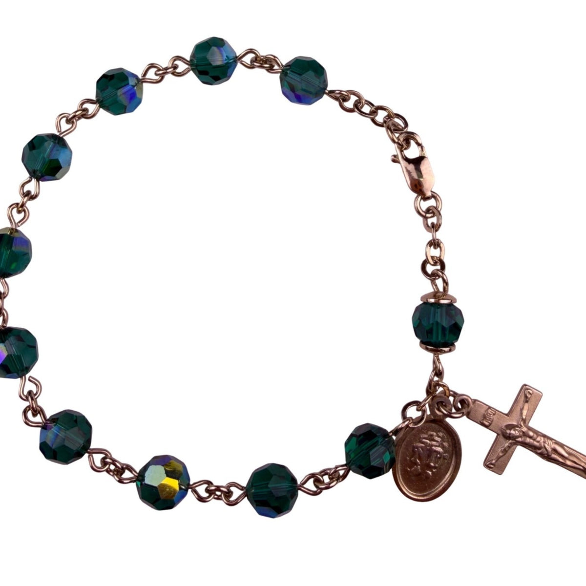Rosary Bracelet Women Green Crystal Beads Gold Tone Crucifix Religious Charm