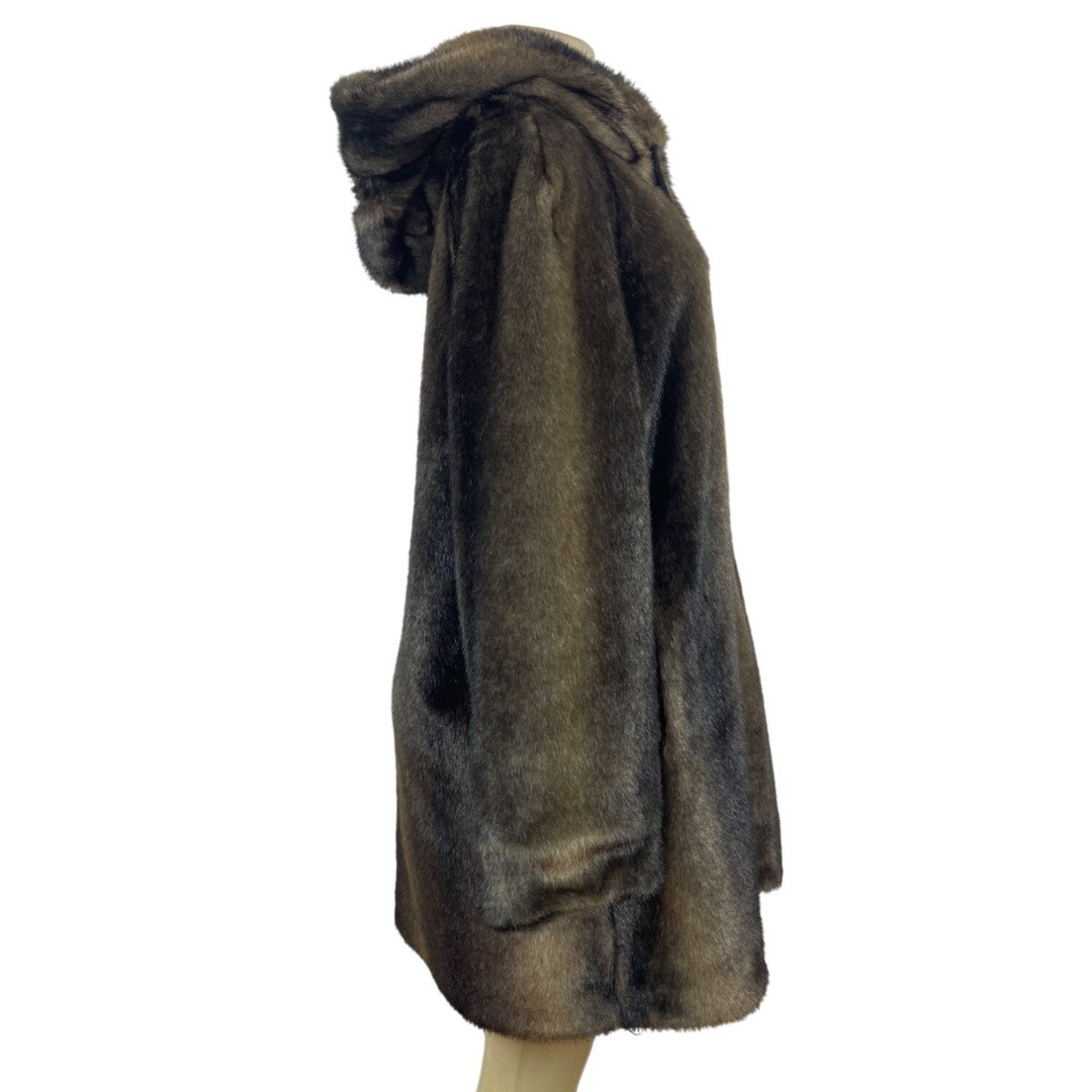 Vintage Brown Faux Fur Coat With Hood & Button Closure