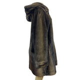 Vintage Brown Faux Fur Coat With Hood & Button Closure