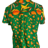 Vintage Green Short-Sleeve Button-Up Blouse With Orange Fruit & Leopard Print Li