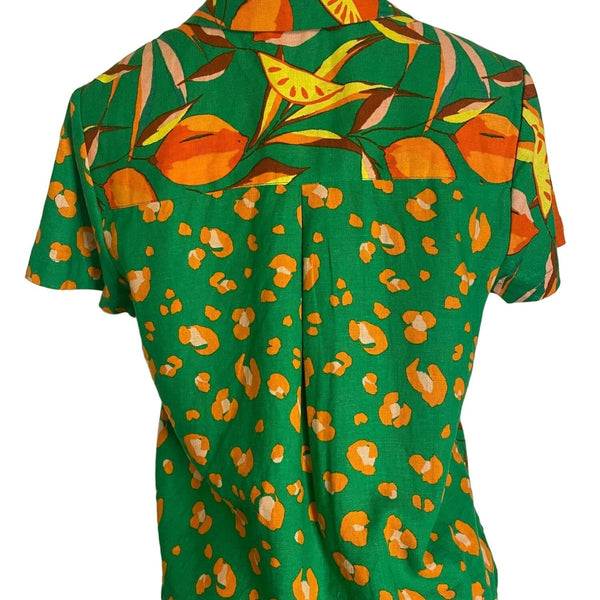 Vintage Green Short-Sleeve Button-Up Blouse With Orange Fruit & Leopard Print Li