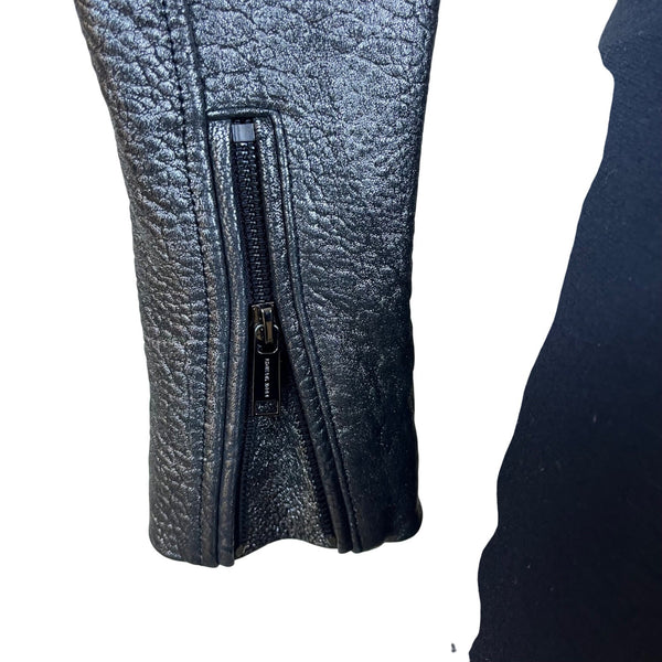 Michael Kors Silver Leather Moto Jacket Belted Zippers Stylish Modern Sz XXS