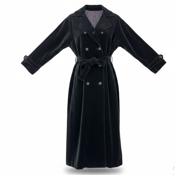Womens Black Velvet Double-Breasted Belted Coat Warm Outerwear