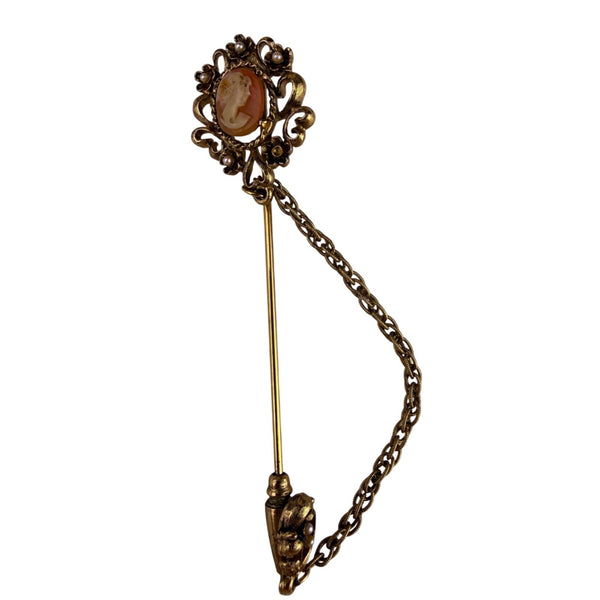 Vintage Gold Tone Floral Cameo Stick Pin W/Chain Ornate Design Various Metal
