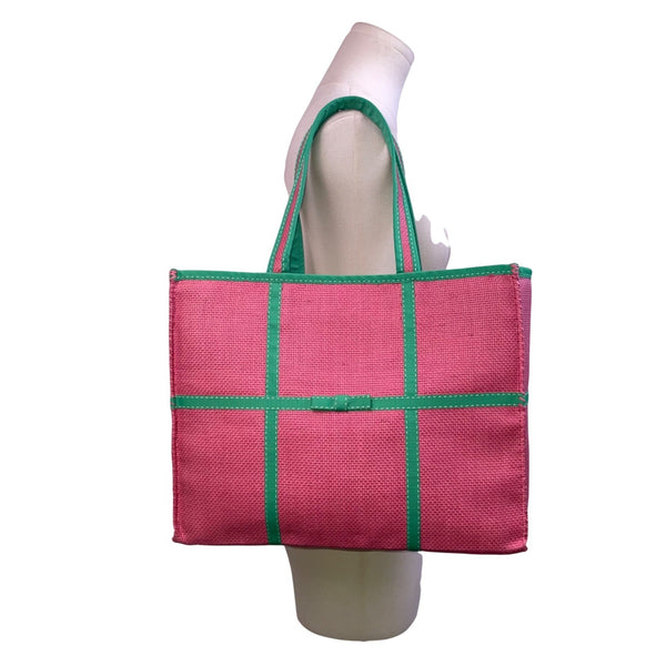 Ralph Lauren Women’s Red & Green Woven Linings Open Top Stitch Detailing Tote