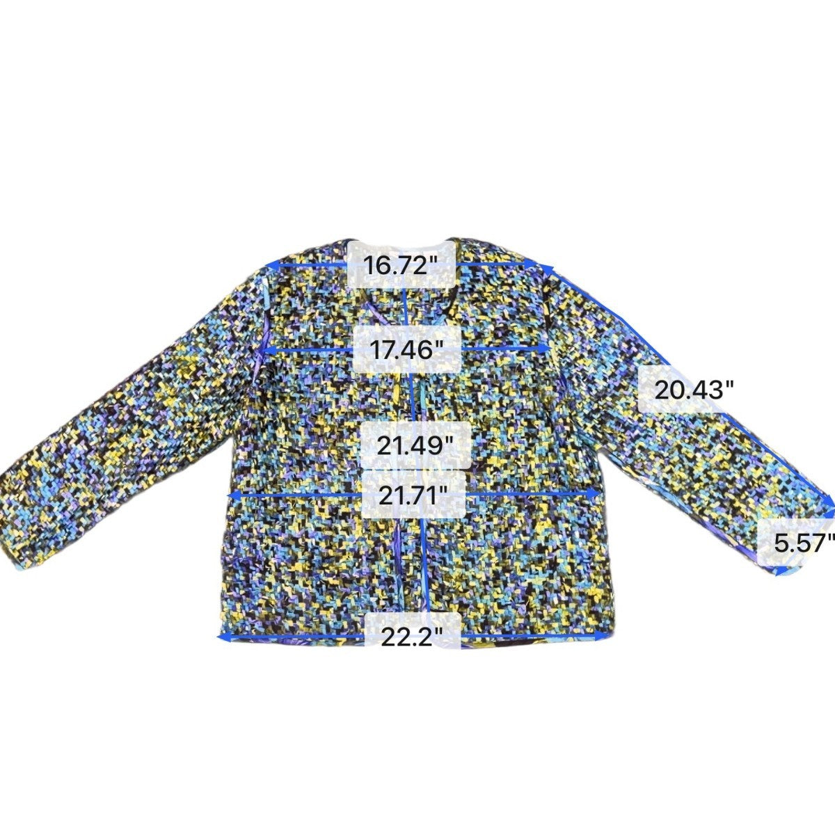 Chicos Design Womens Blue Yellow Multicolor 100% Silk Open Front Jacket Size 2