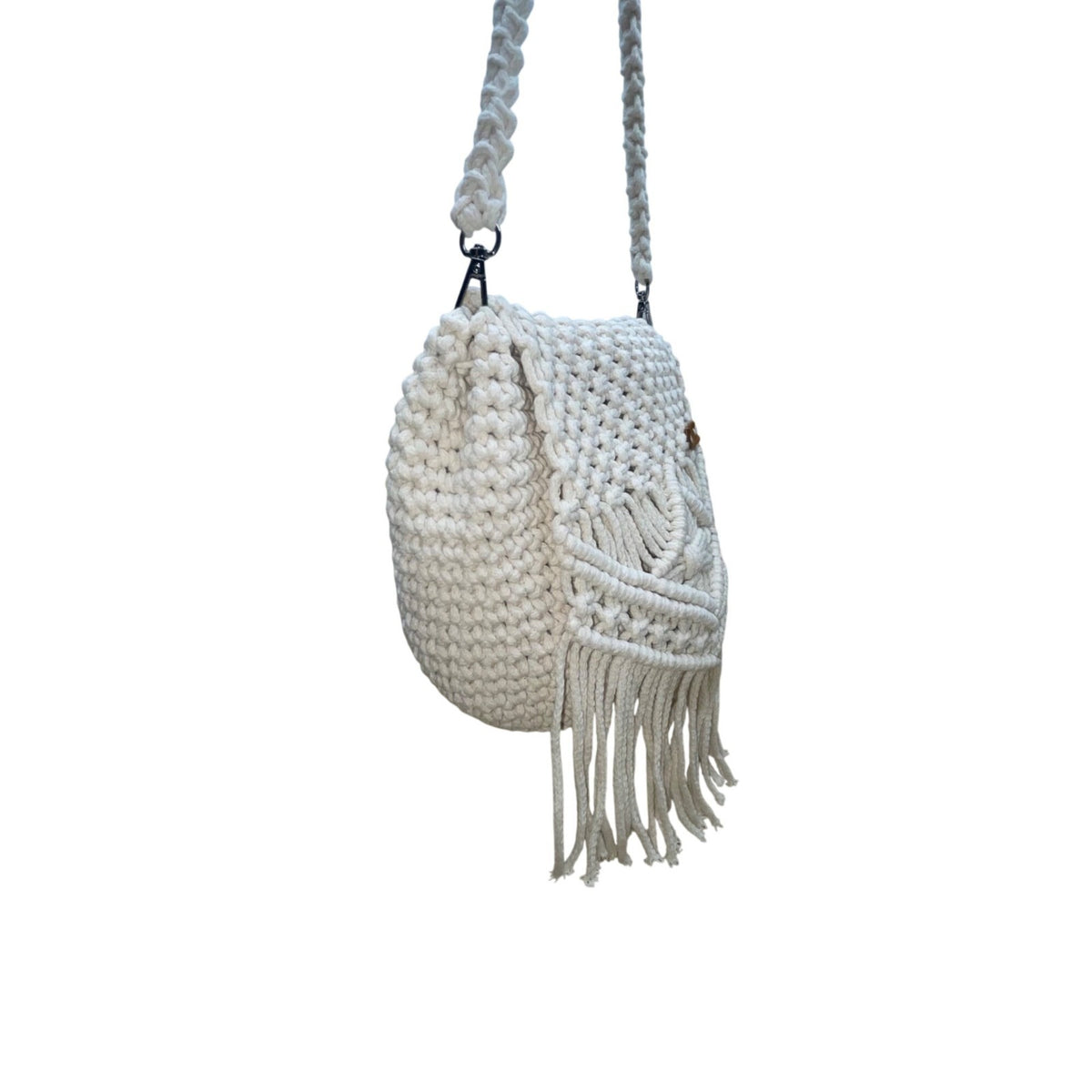 Lucky Hat Women’s White Macrame With Fringe Detail Crossbody Bag