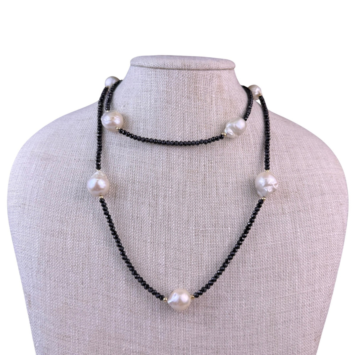Long Necklace Of Baroque Pearls & Faceted Black Spinel Beads Handmade Elegant