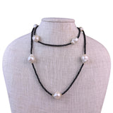 Long Necklace Of Baroque Pearls & Faceted Black Spinel Beads Handmade Elegant