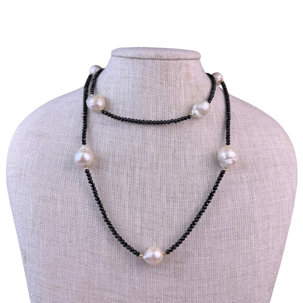 Long Necklace Of Baroque Pearls & Faceted Black Spinel Beads Handmade Elegant