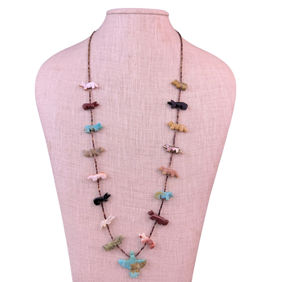 Native American Multicolor Stone Necklace With Animal Carvings & Thunderbird