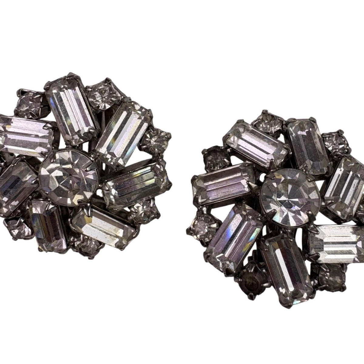 Warner Womens Silver Tone Rhinestone Clip-On Earrings Vintage Cluster Design