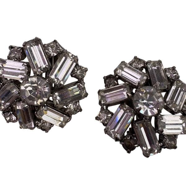 Warner Womens Silver Tone Rhinestone Clip-On Earrings Vintage Cluster Design