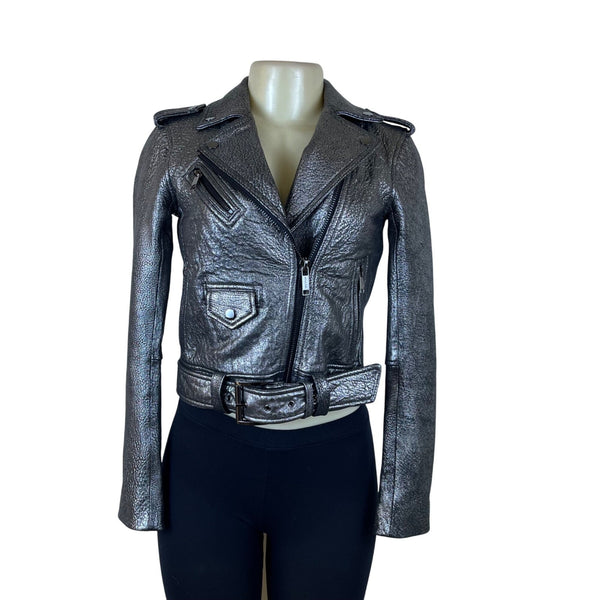 Michael Kors Silver Leather Moto Jacket Belted Zippers Stylish Modern Sz XXS