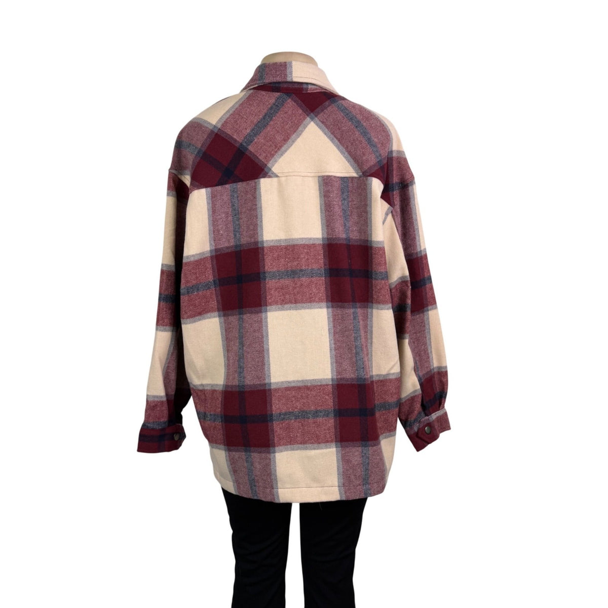 HFX Womens Red Beige Polyes/Wool Long-Sleeve Plaid Button Up Shirt Jacket  Sz L
