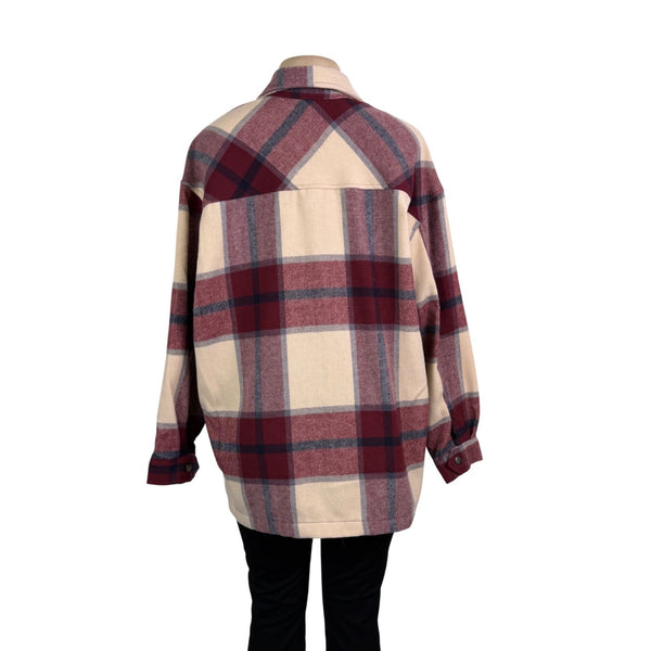 HFX Womens Red Beige Polyes/Wool Long-Sleeve Plaid Button Up Shirt Jacket  Sz L
