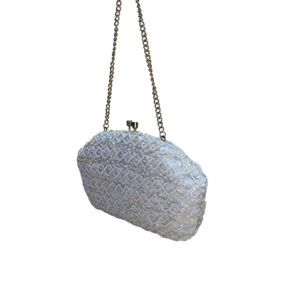 Handmade Women’s White Beaded & Sequin Evening Clutch Bag With Chain Strap