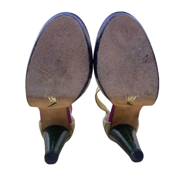 Beverly Feldman Women’s Brown Faux Croc Ankle Strap  Platform Heels Size 7.5M