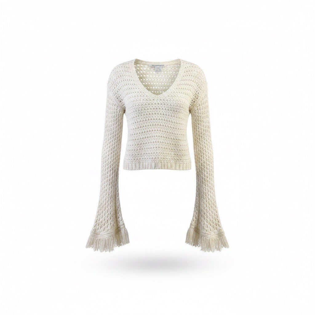 American Rag Womens Ivory Crochet Fringe Bell Sleeve Sweater 100% Cotton Sz M