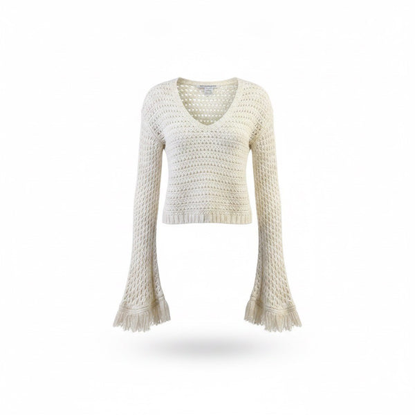 American Rag Womens Ivory Crochet Fringe Bell Sleeve Sweater 100% Cotton Sz M