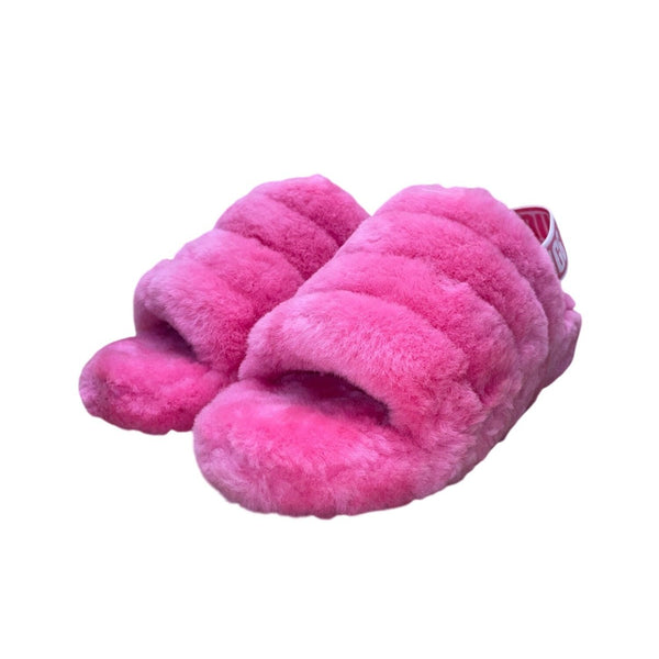 UGG Women’s Pink Fluffy Lamb Fur Strap Open-Toe Yeah Slide Sandals Size 9