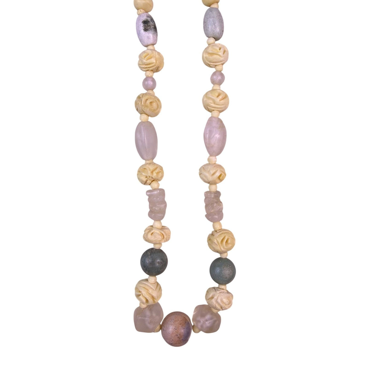 Vintage Ivory & Stone Beaded Carved Necklace  Handcrafted Unique Jewelry