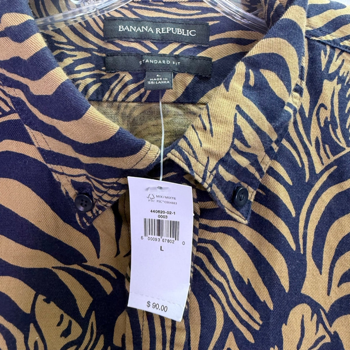 Banana Republic Mens Navy & Tan Button-Up Long-Sleeve Shirt  Animal Print Size L