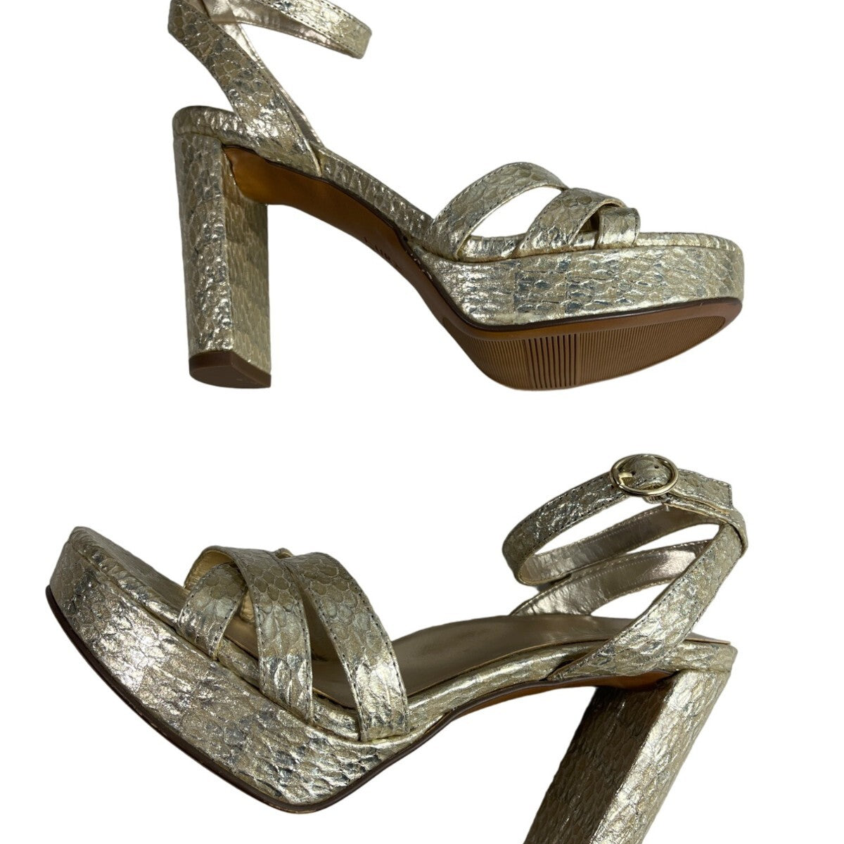 Naturalizer Gold Snake Skin Mallory Ankle Strap Platform Heel Sz 8W - New