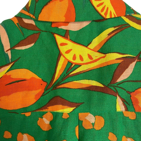 Vintage Green Short-Sleeve Button-Up Blouse With Orange Fruit & Leopard Print Li