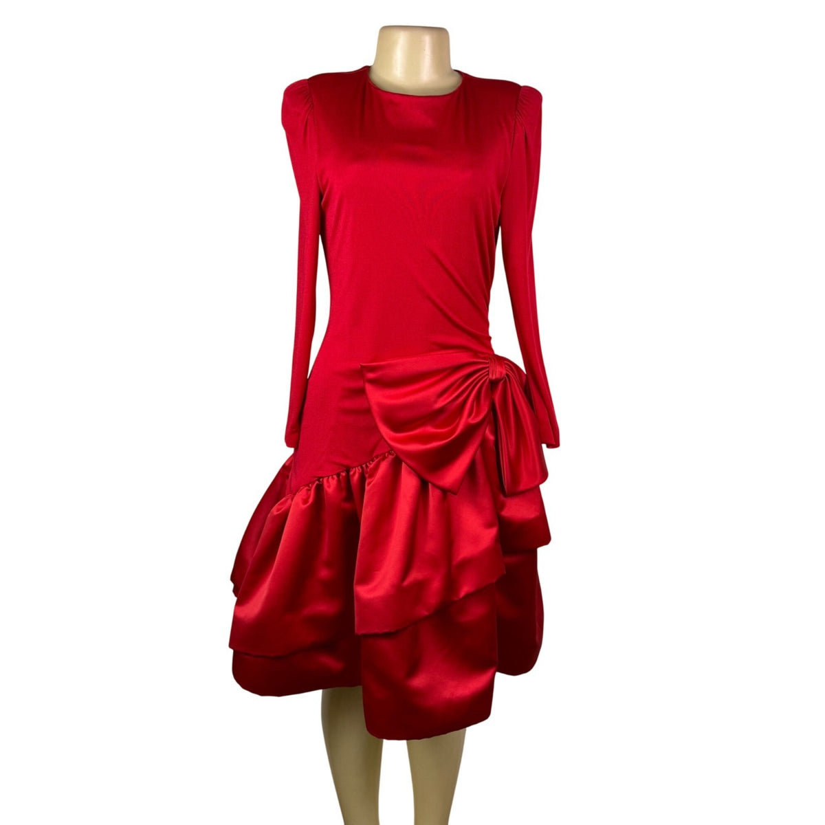 Morton Myles Womens Red Satin Tiered Bow Detail Long Sleeve Elegant Dress Sz 10