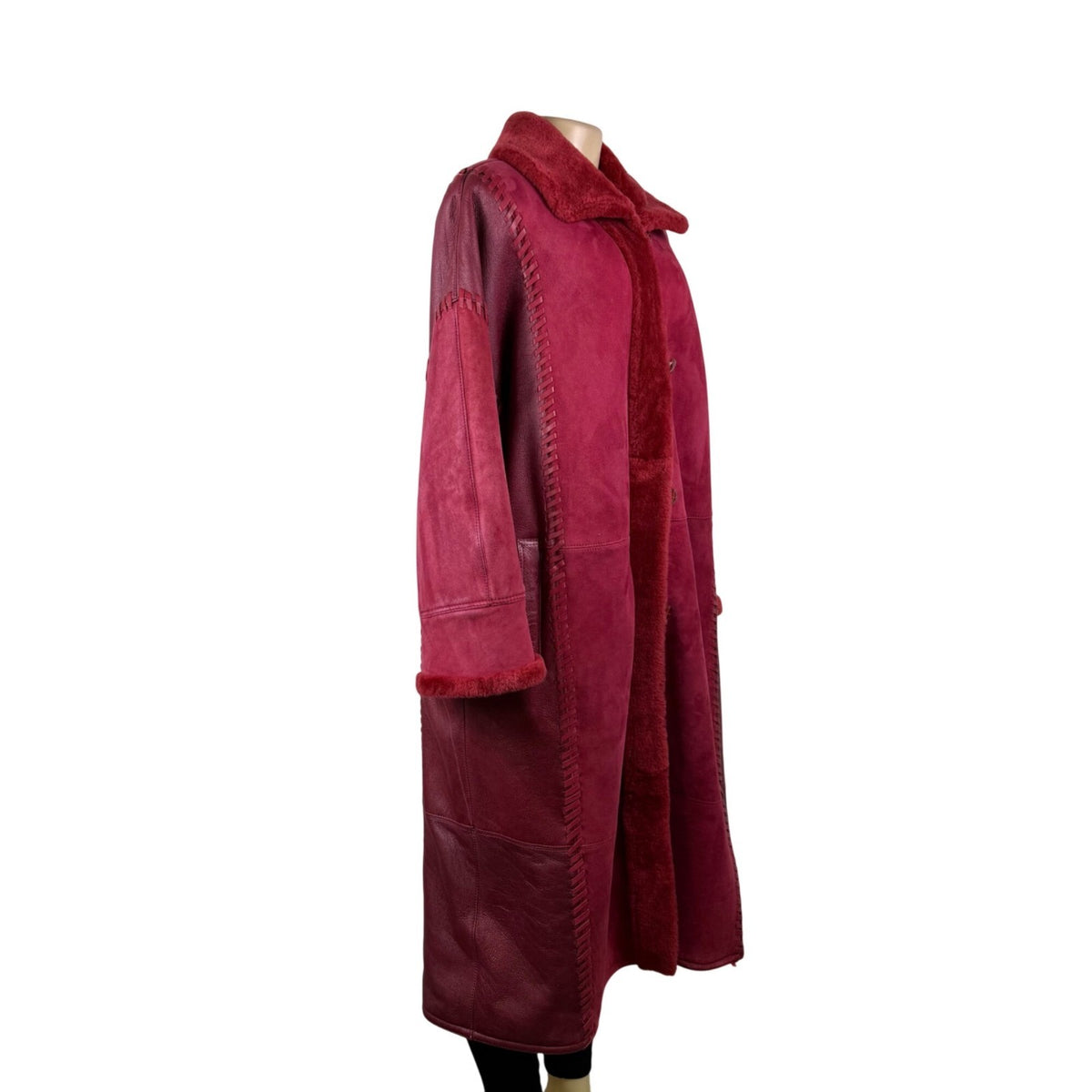 Oscar De La Renta Womens Red Shearling & Leather Long Coat Button Detail Size 8