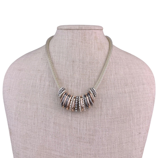 Mesh Chain Necklace With 3-Tone Metallic Beaded Accents Silver & Gold Tone