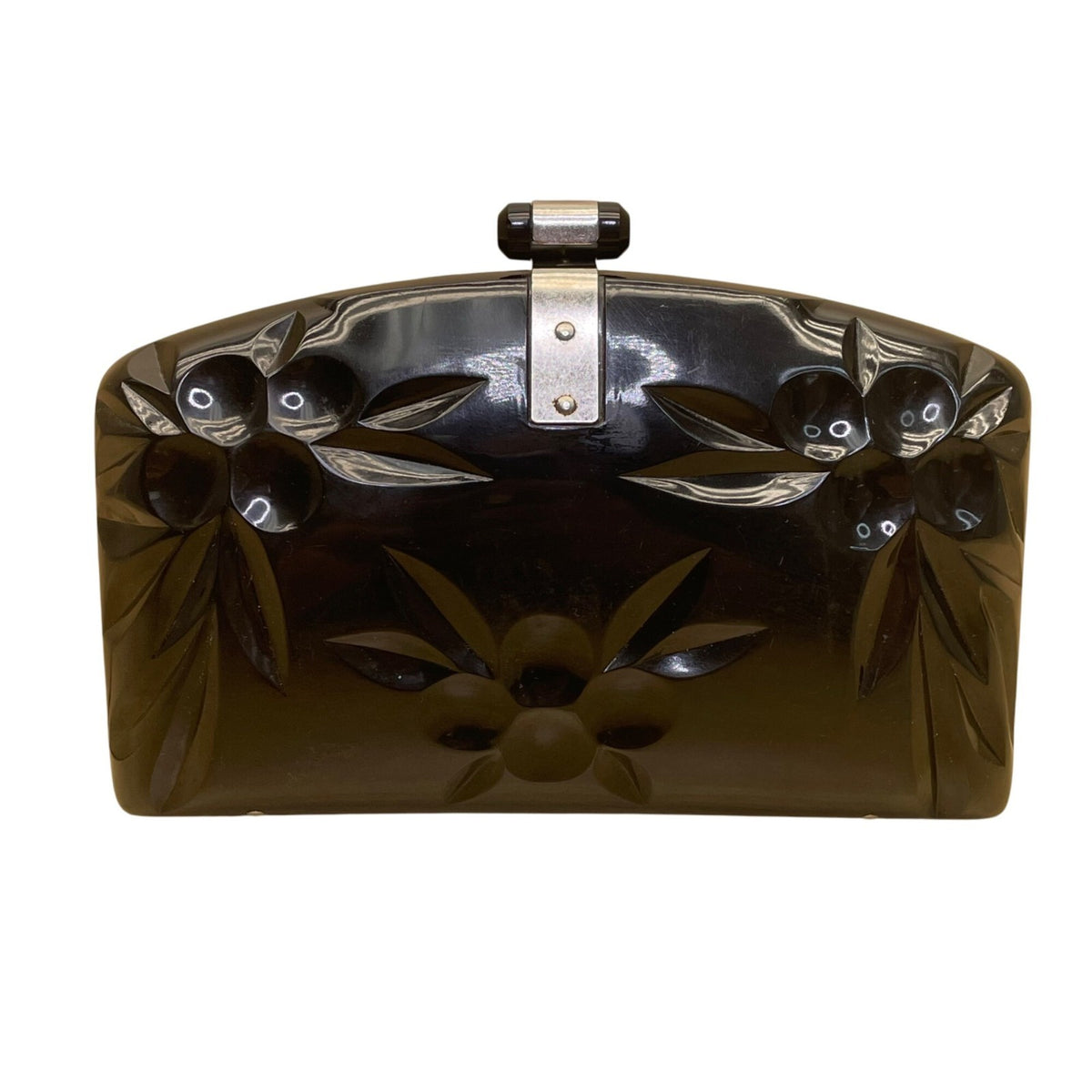 Vintage Women’s Black Acrylic Floral Embellished Snap Closure Evening Clutch