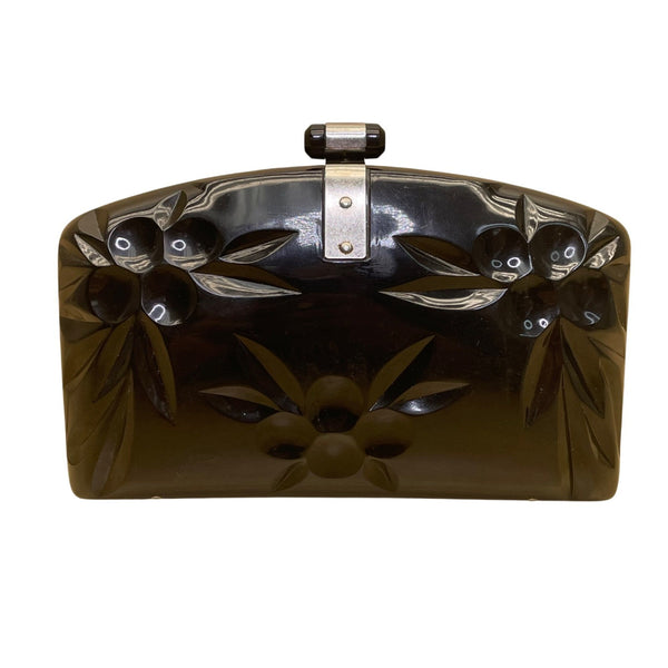 Vintage Women’s Black Acrylic Floral Embellished Snap Closure Evening Clutch