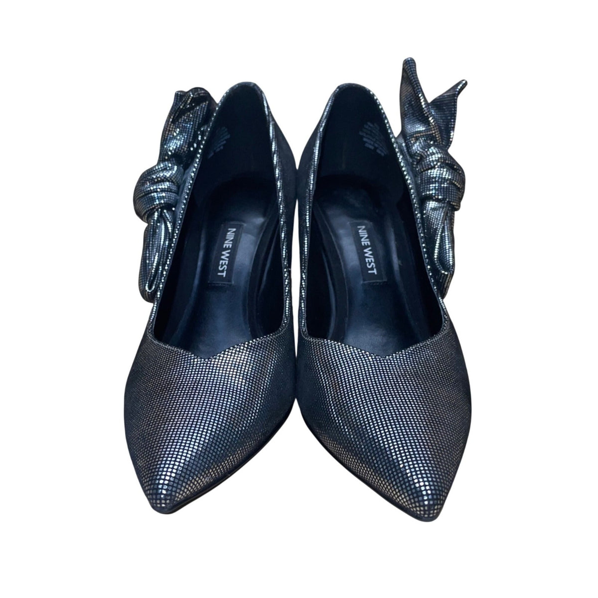 Nine West Women’s Metallic Silver Leather Bow Pointed Toe Quavissa Heels Sz 6.5M