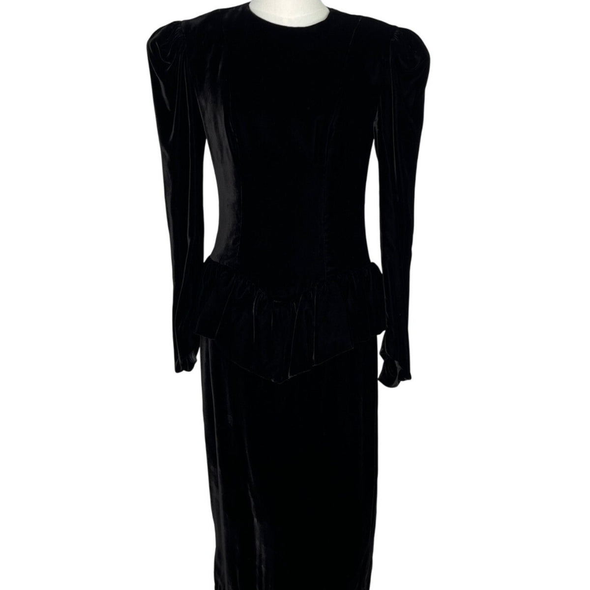 Vtg 80s Wayne Clark Black Velvet Dress With Puff Sleeves & Bow Back Detail Sz 4